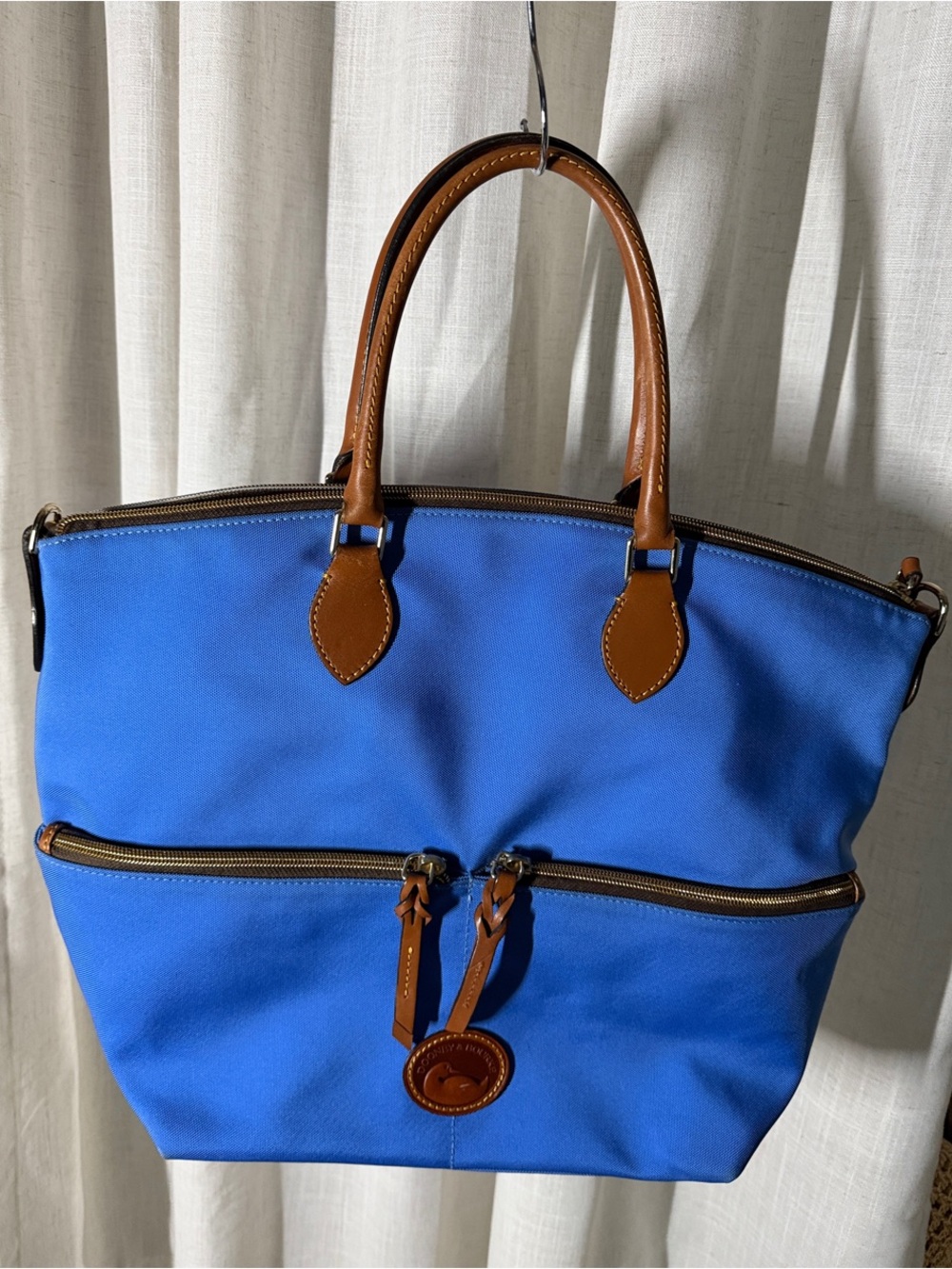 Dooney & Bourke Royal Blue Canvas Tote with Brown Leather Trim
